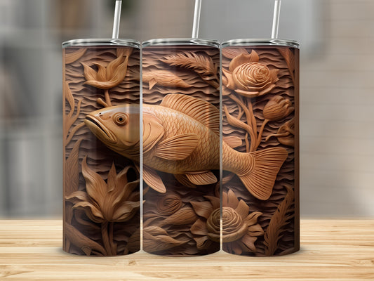 Wood-carved fish and floral design on three stacked tumblers.