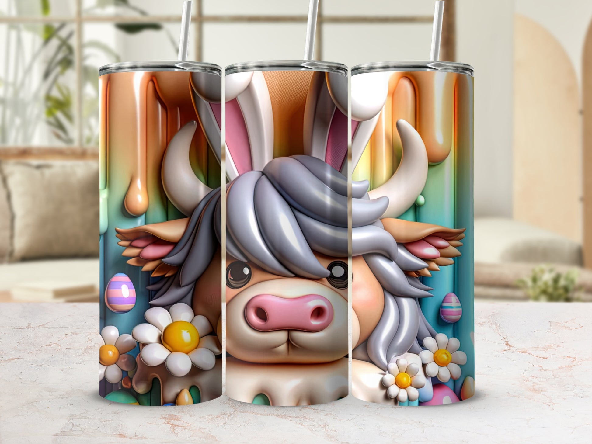 Highland cow with bunny ears, Easter eggs, and flowers on tumbler.