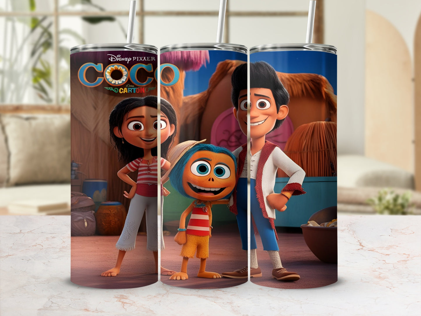 Characters from Disney Pixar's Coco movie on a tumbler.