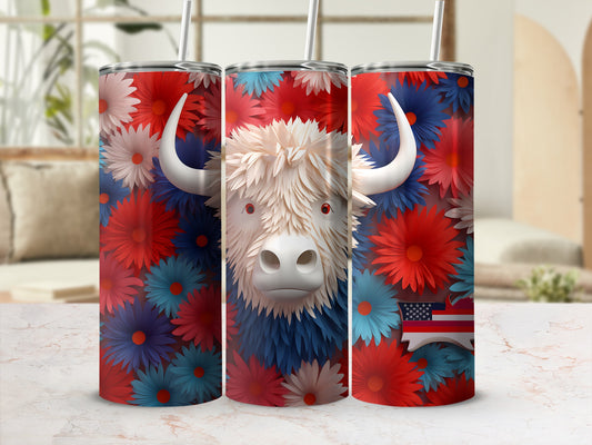 Tuscan tumbler featuring a fluffy white bull and patriotic floral design.