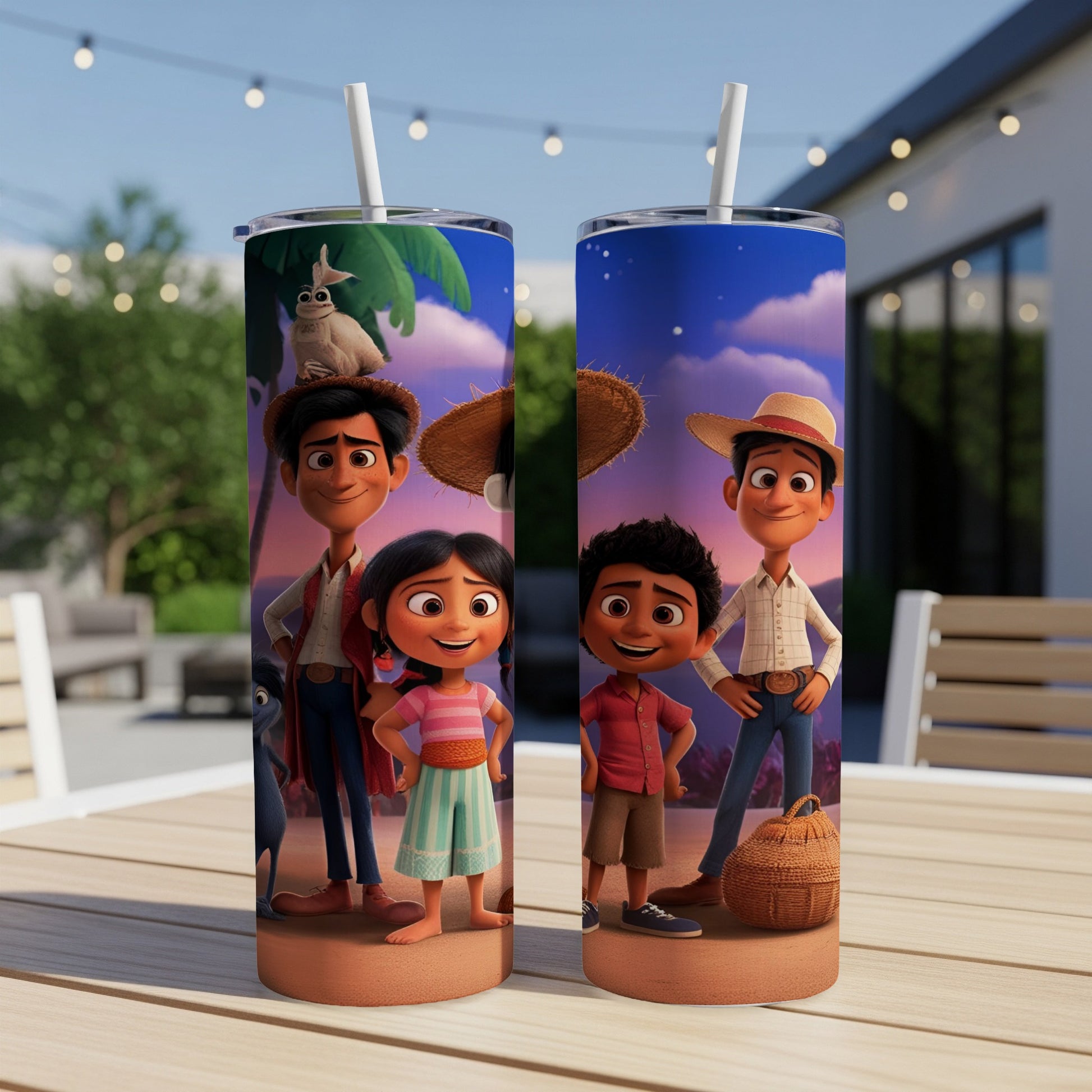Two cartoon characters, a man and a woman with two children, stand against a tropical background.