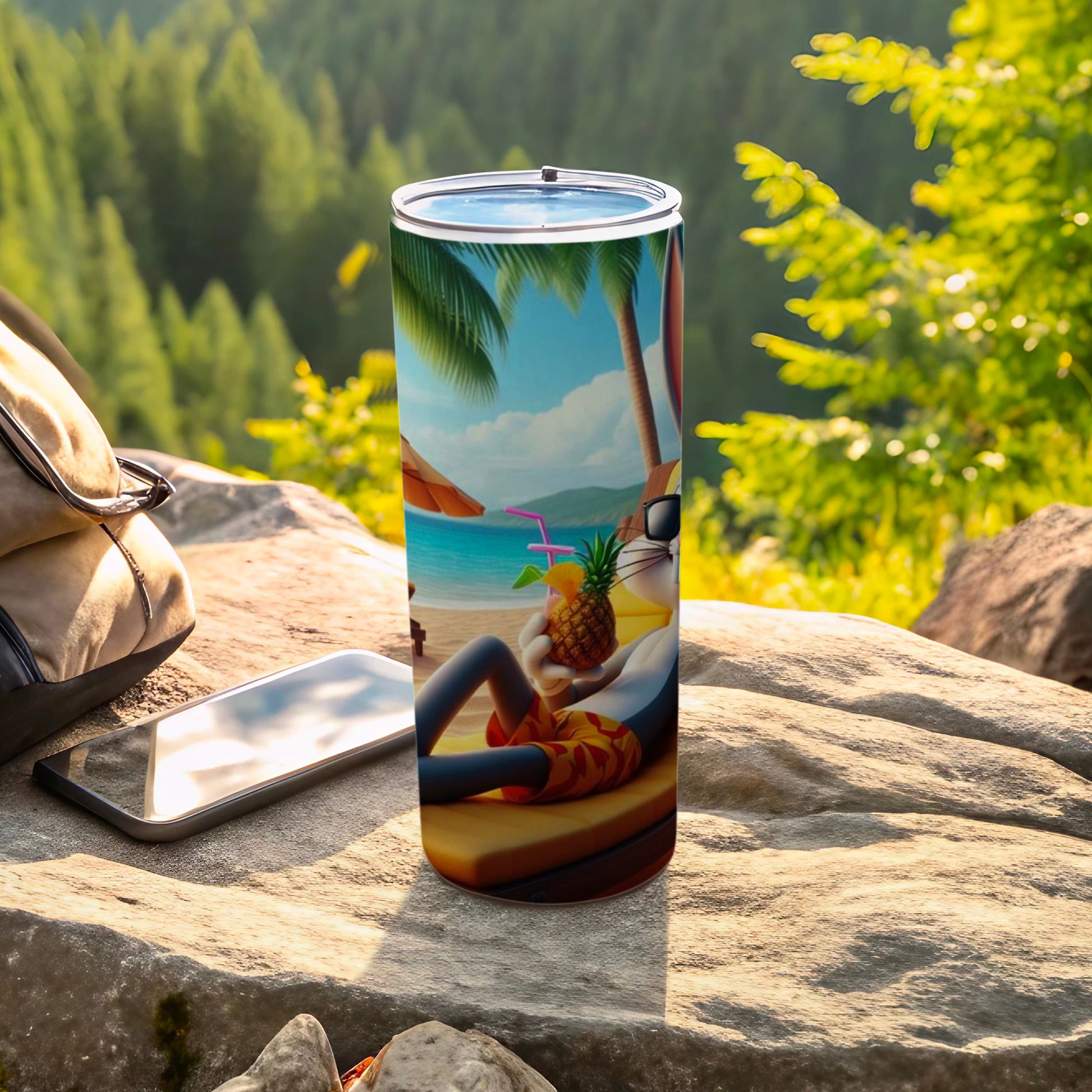 Tropical Beach Scene Tumbler with Relaxing Bunny Design