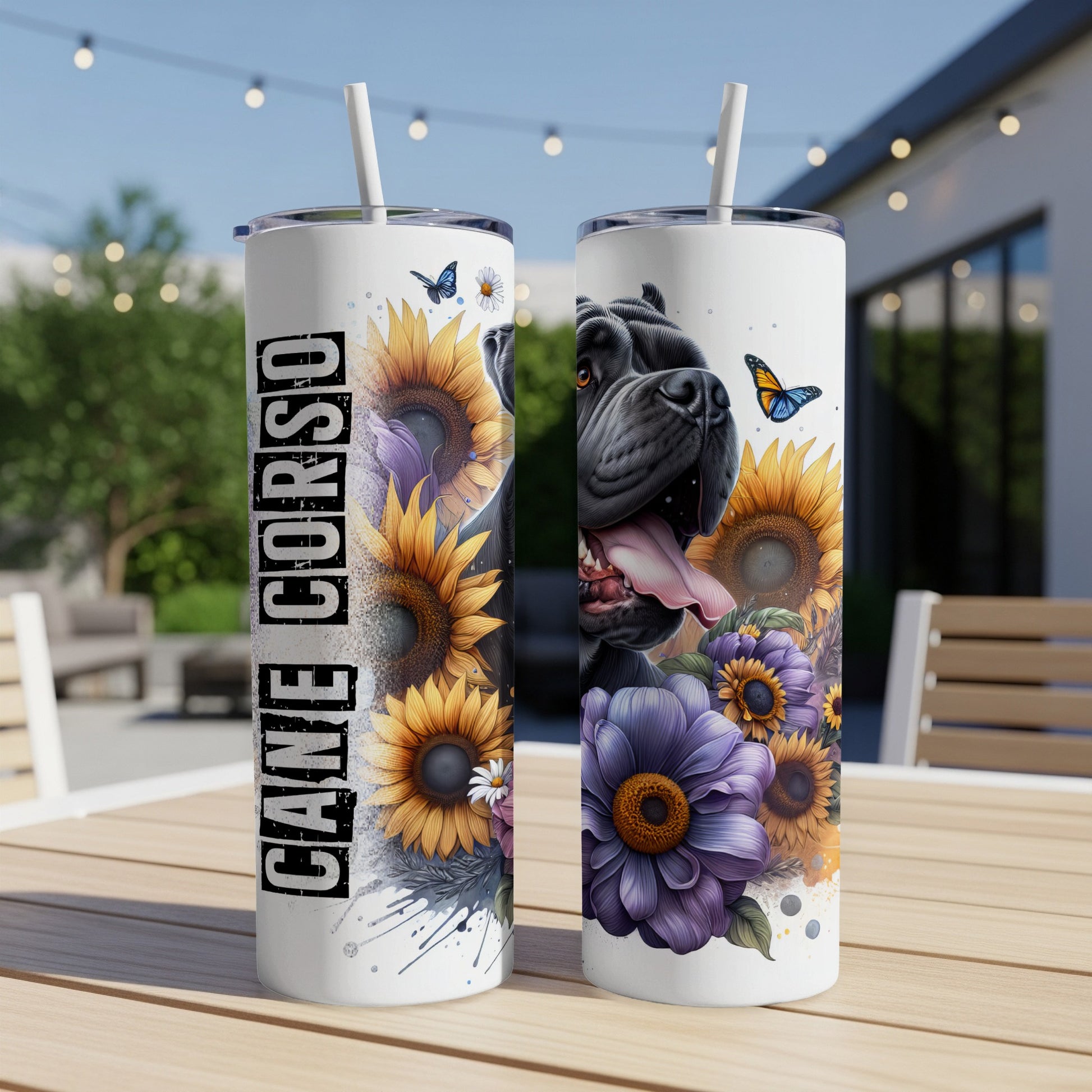 Cane Corso dog with sunflowers and butterflies on a tumbler.