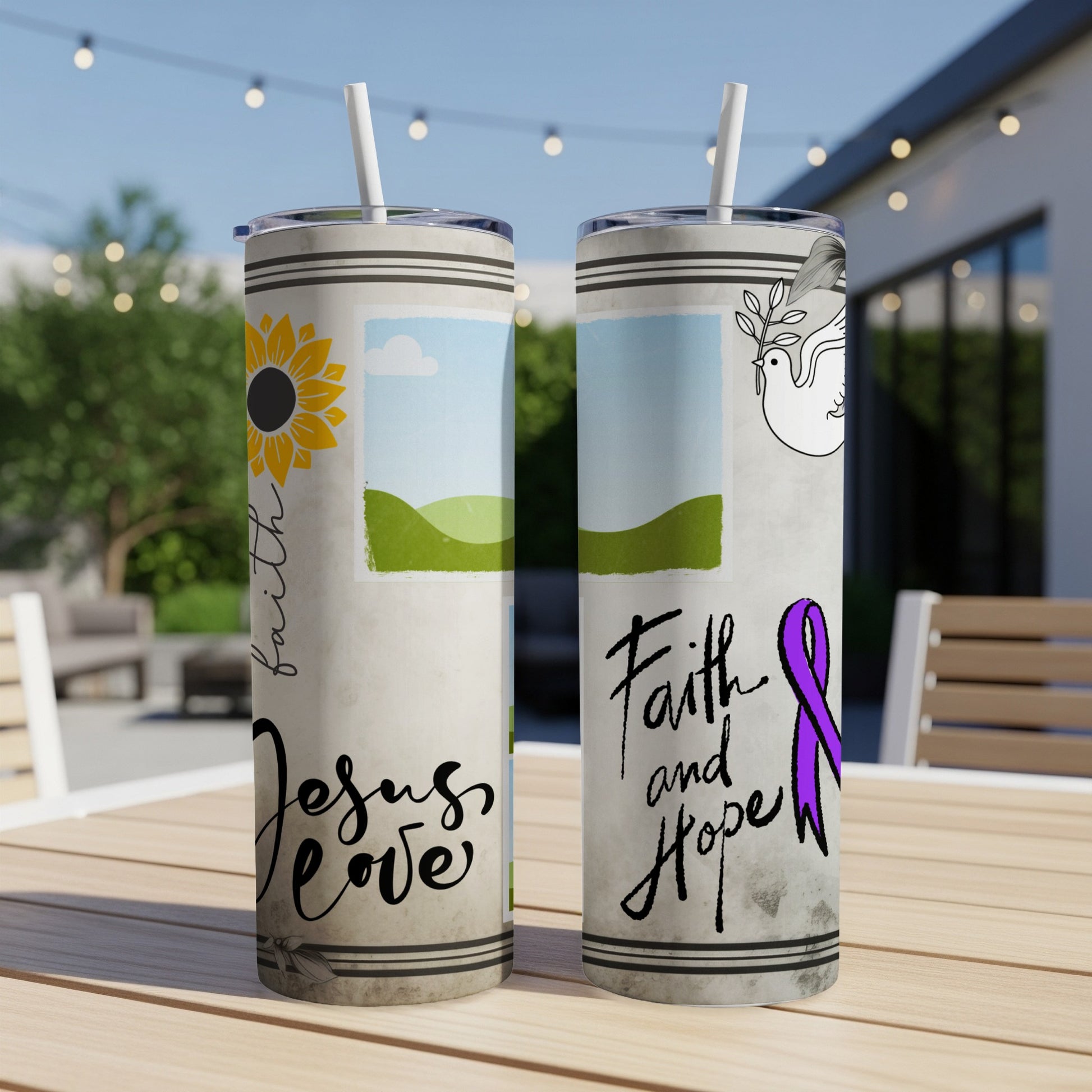 Tumblers with sunflower, dove, and faith, Jesus love, and hope text.