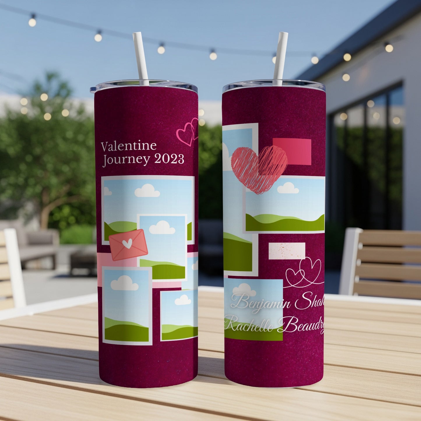 Valentine Journey 2023 tumbler with photos and personalized names Benjamin and Rachelle.
