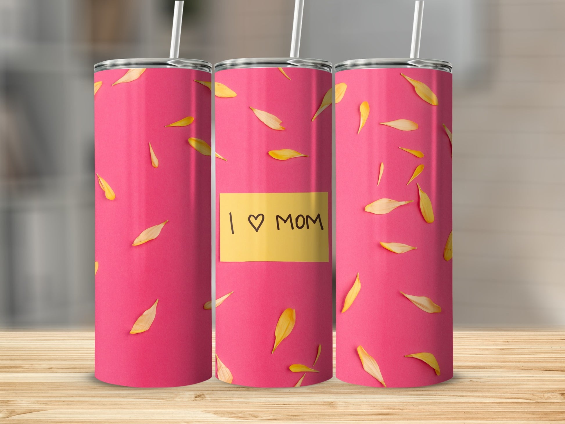 Pink Tumbler with Yellow Petals and I Love Mom Design