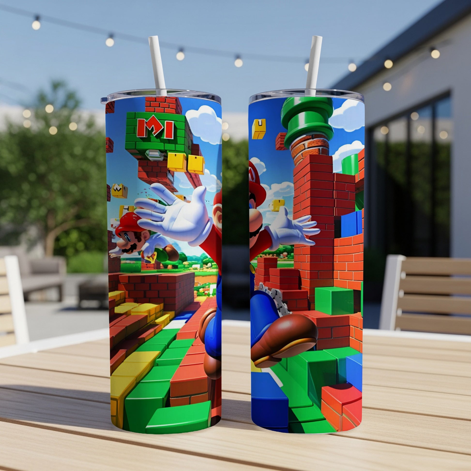 Mario jumping on blocks in a video game scene on two tumblers.