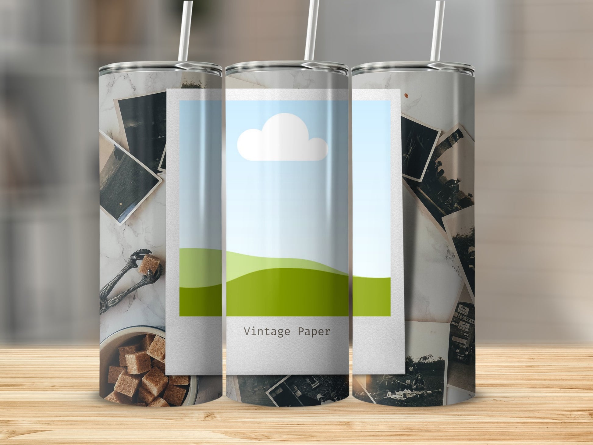 Three tumblers with vintage photo collage and a central polaroid featuring "Vintage Paper".