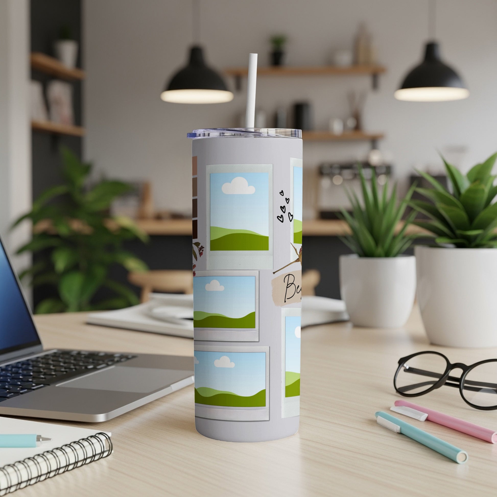 Tumbler with collage of polaroid photos, hearts, and "Bun" text.