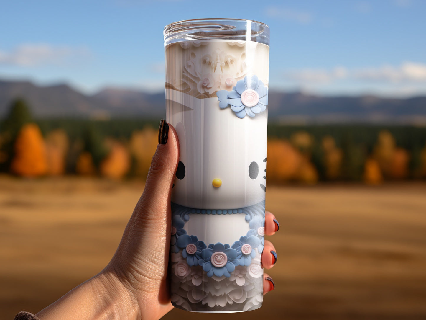 Cute Floral Hello Kitty Tumbler with Lid and Straw