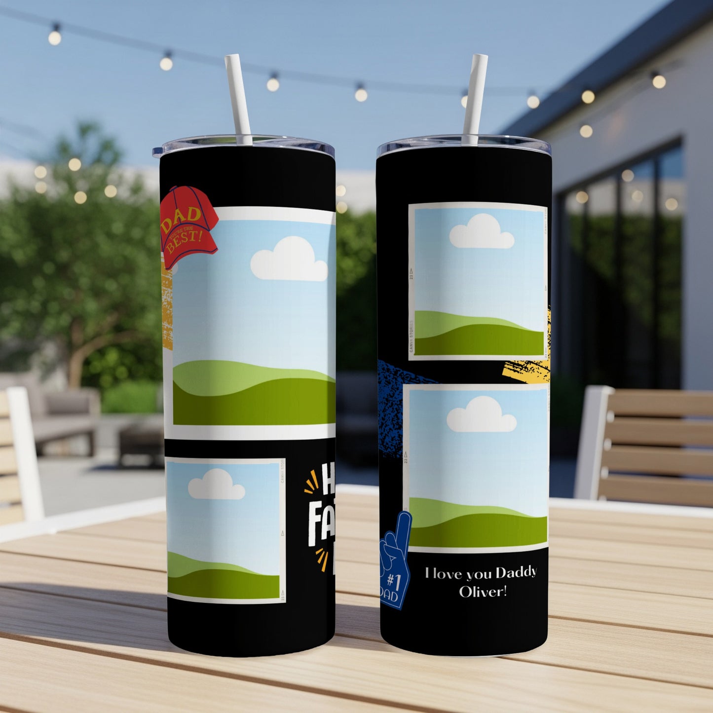 Two tumblers with custom photo frames and Father's Day messages.