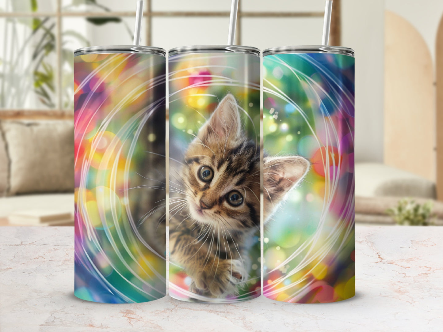 Tabby kitten peeking from behind colorful bokeh lights on a tumbler.