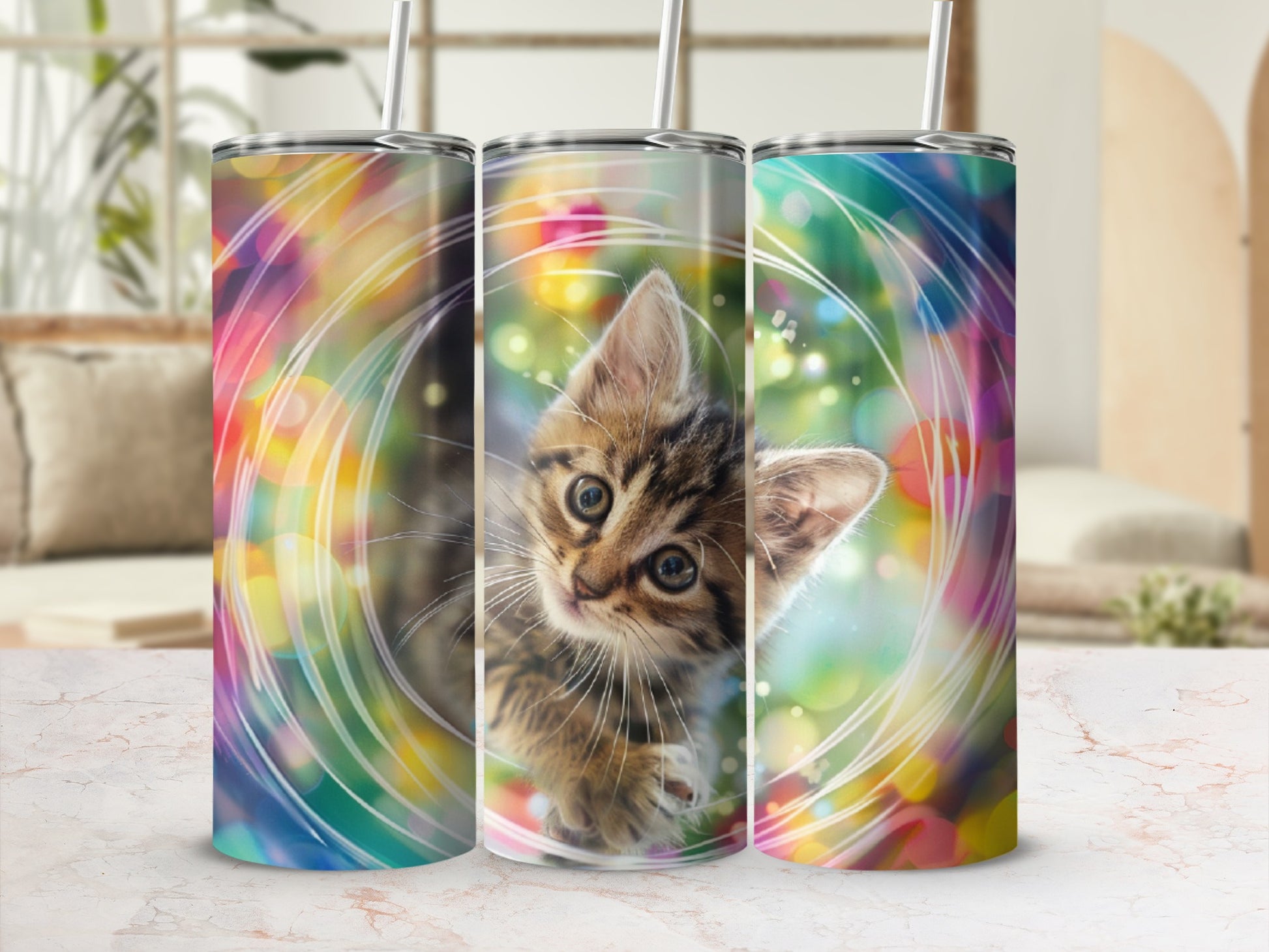 Tabby kitten peeking from behind colorful bokeh lights on a tumbler.