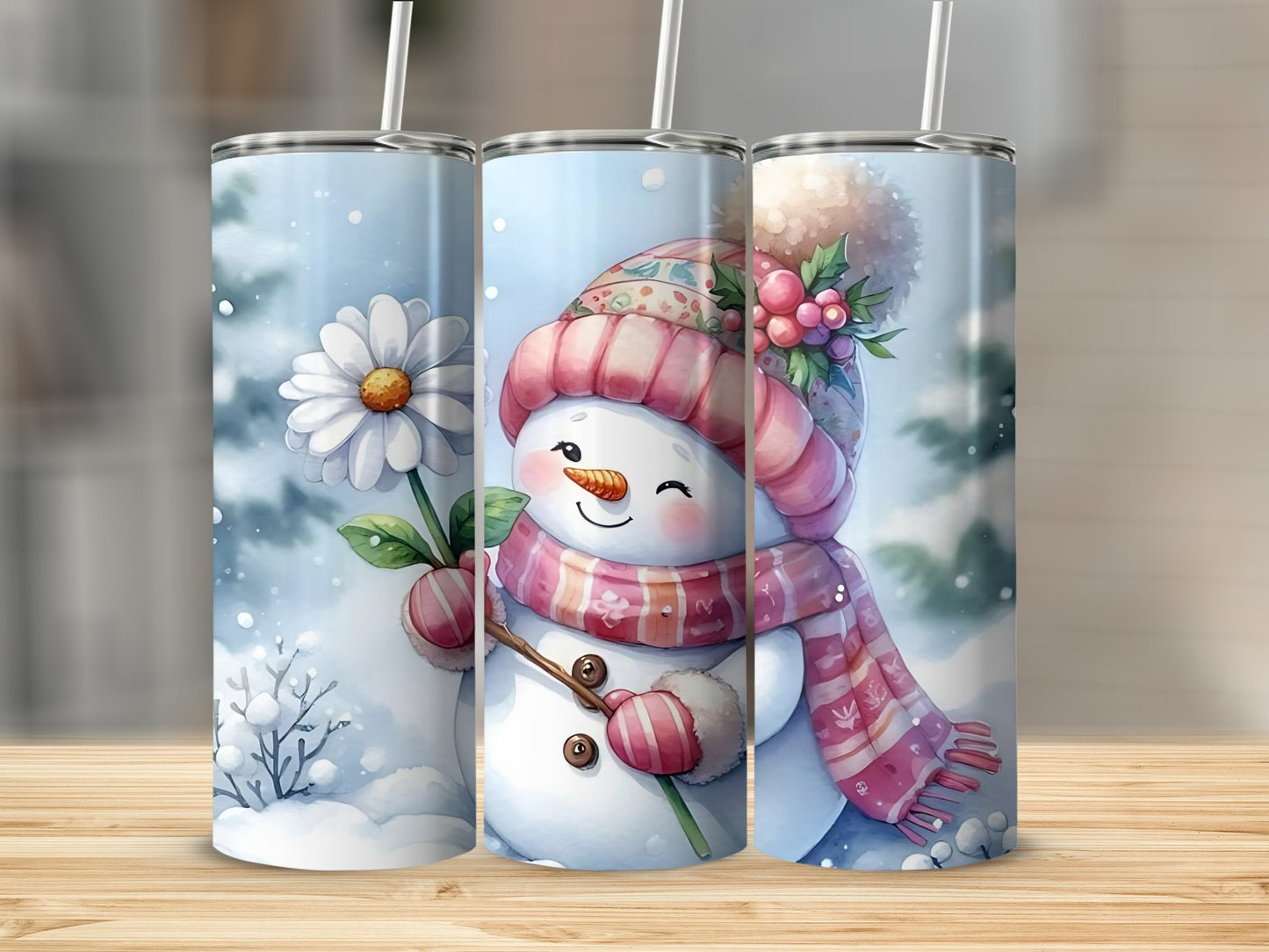Cute Snowman with Daisy Winter Tumbler with Straw