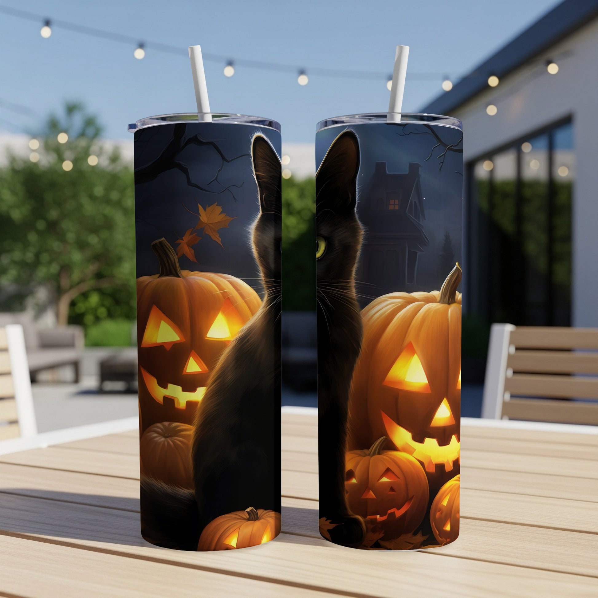 Halloween tumbler with black cat and glowing jack-o'-lanterns on a dark night background.