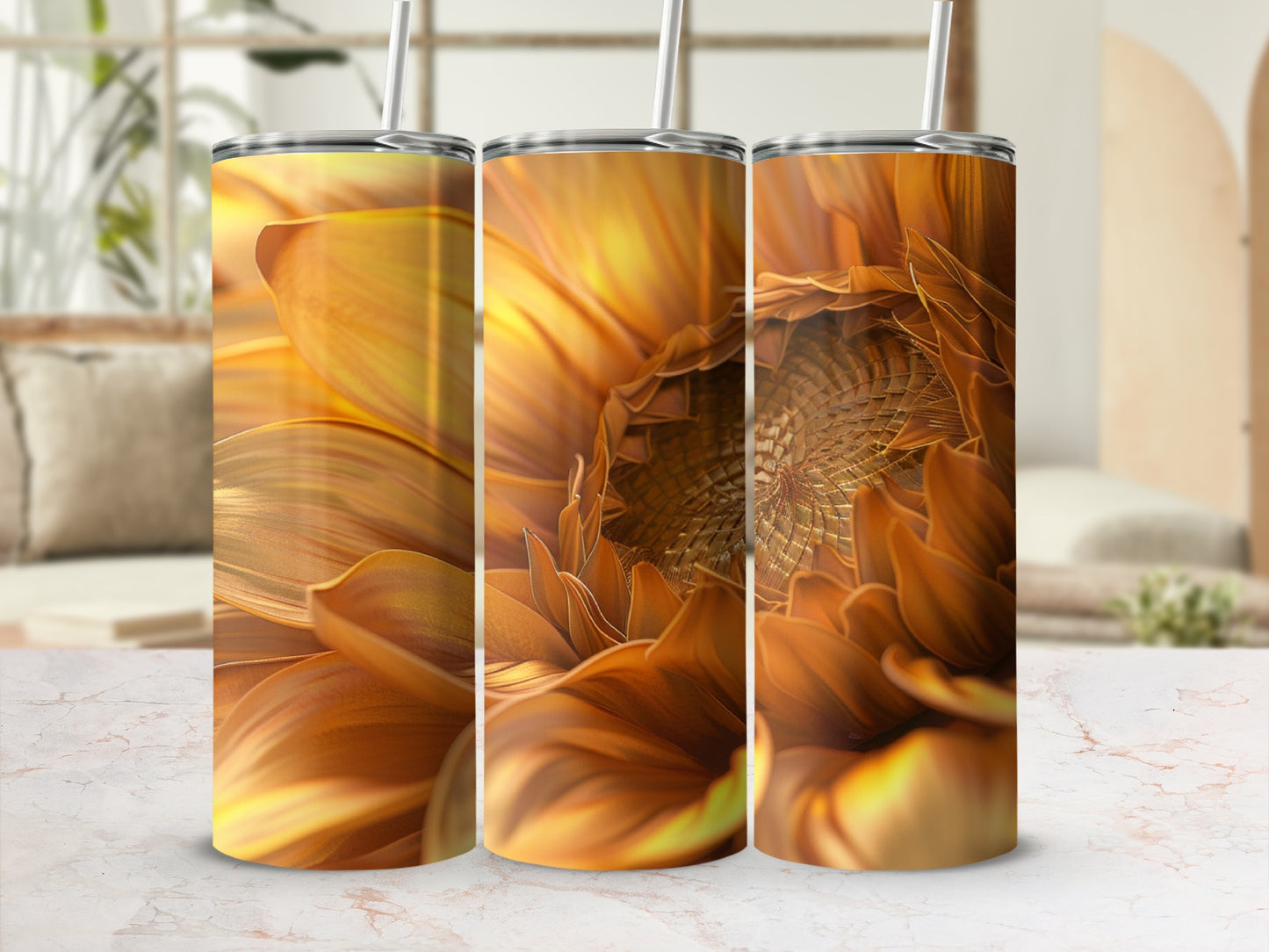 Three tumblers with close-up sunflower petal designs.