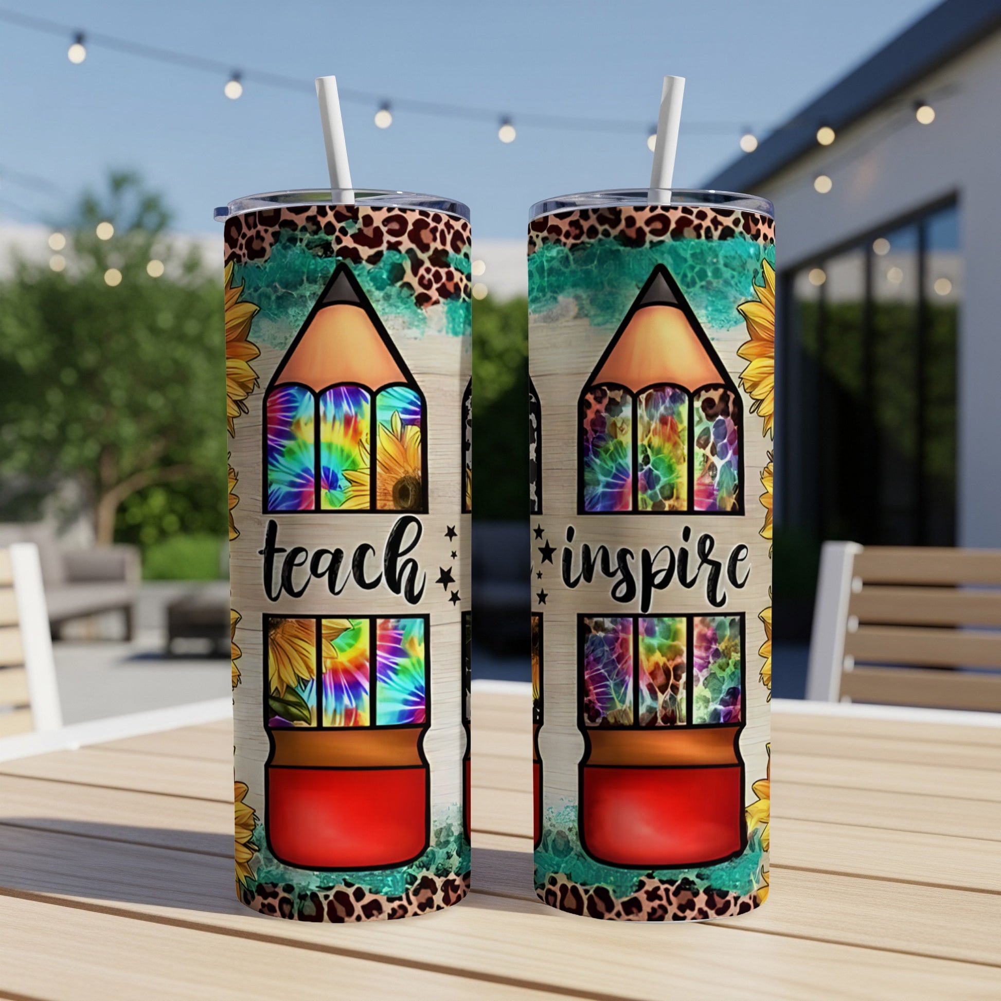 Two tumblers with pencil design, tie-dye windows, and "teach inspire" text.