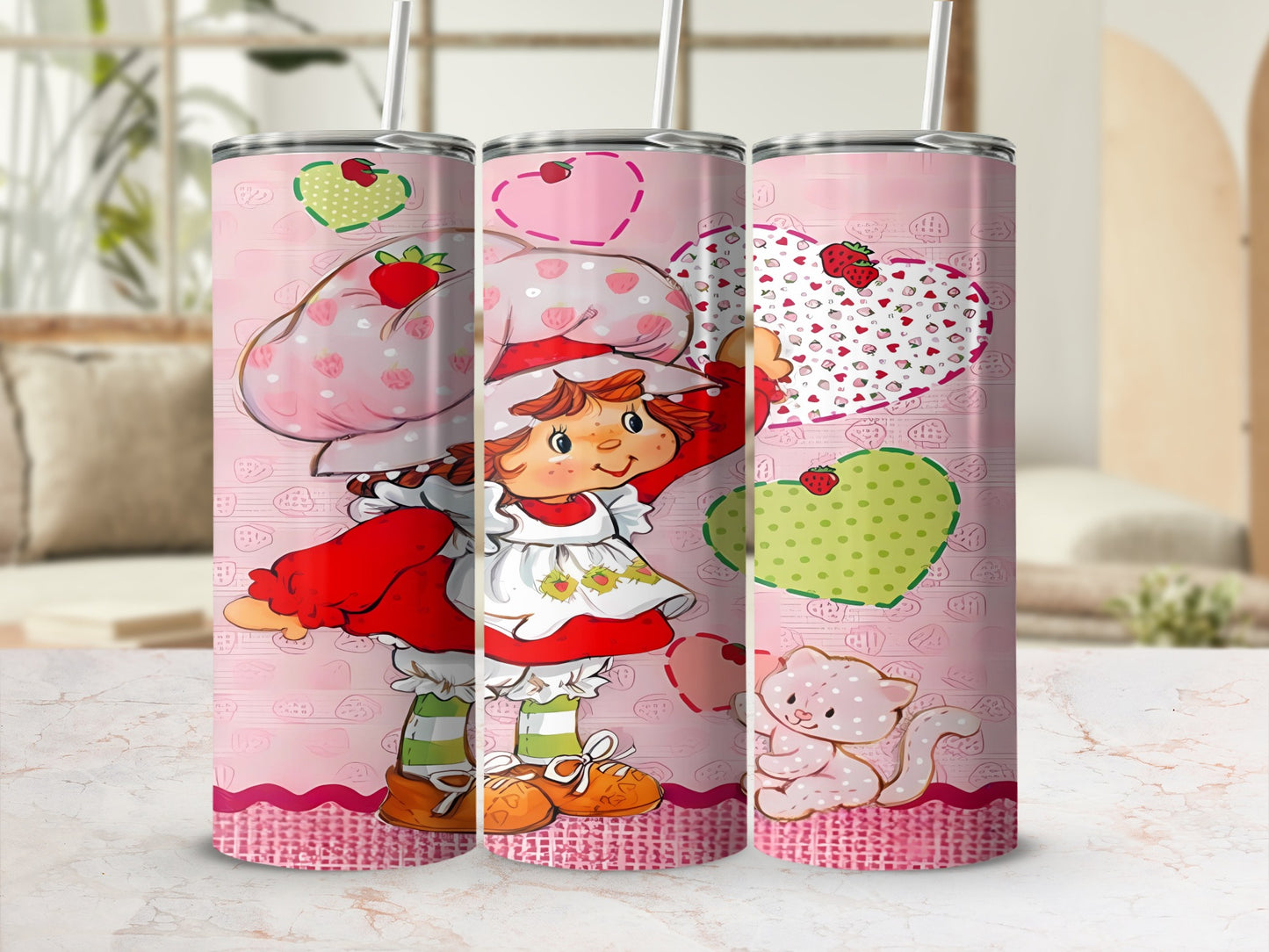 Strawberry Shortcake character on pink background with hearts and kitten.