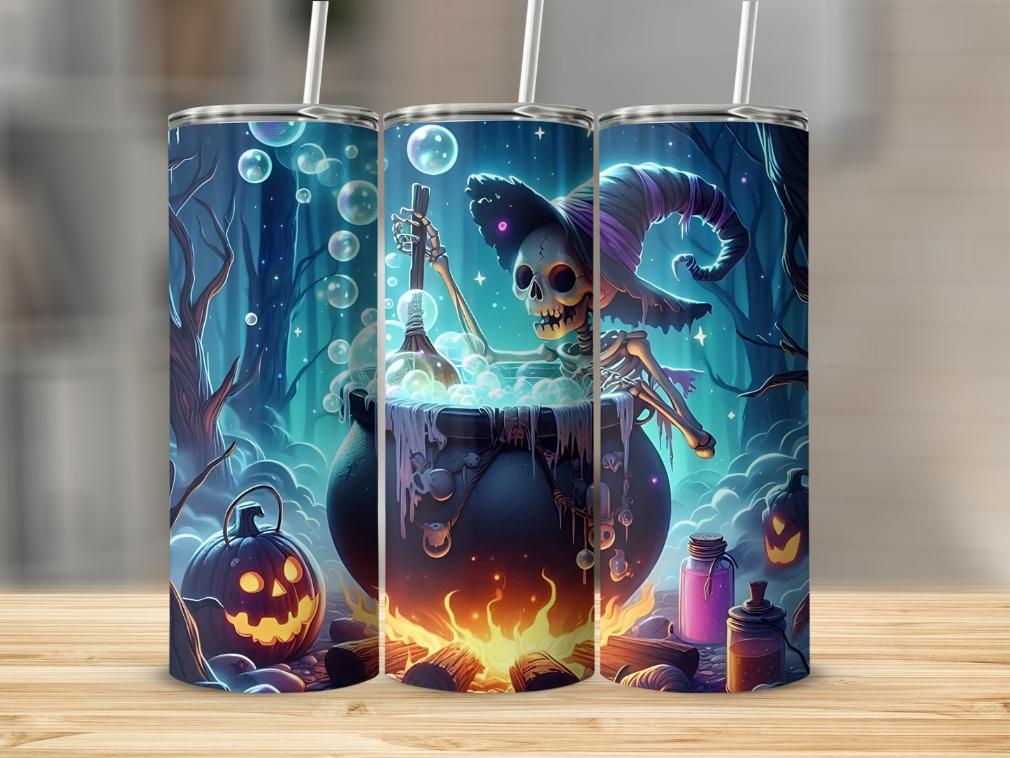 Halloween skeleton stirring cauldron with bubbles, jack-o'-lantern, and potion bottles.