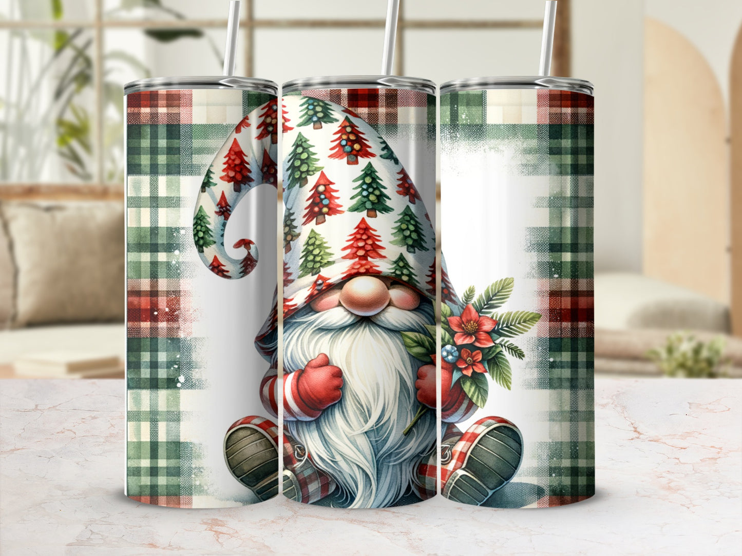 Tumbling gnome with red and green plaid hat holding flowers, on a plaid background.