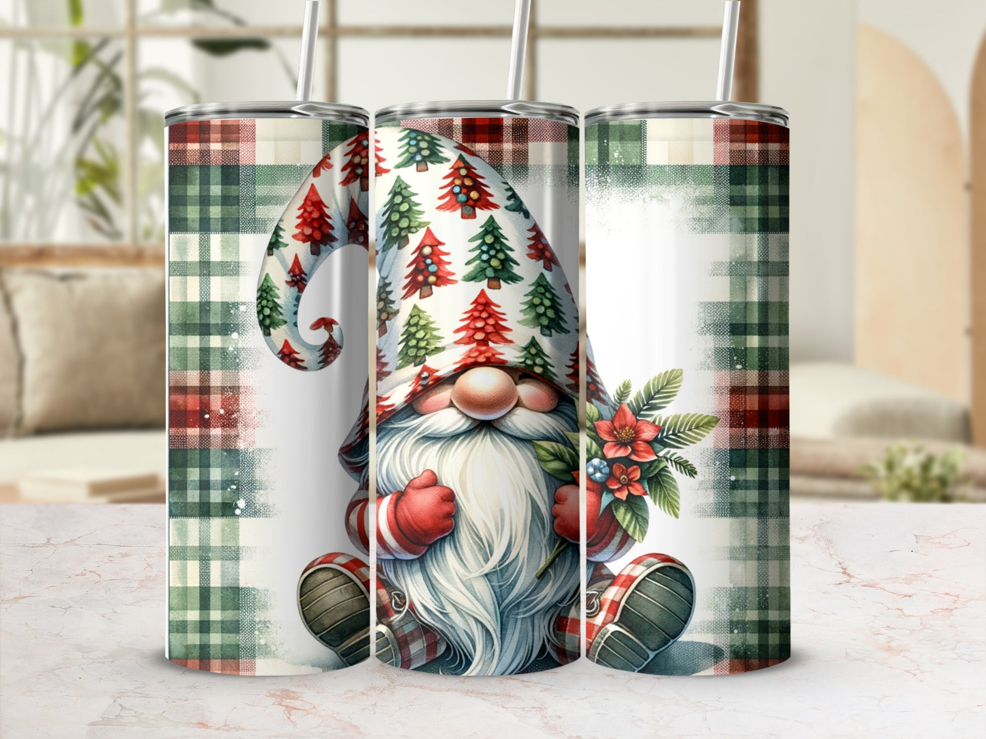 Tumbling gnome with red and green plaid hat holding flowers, on a plaid background.