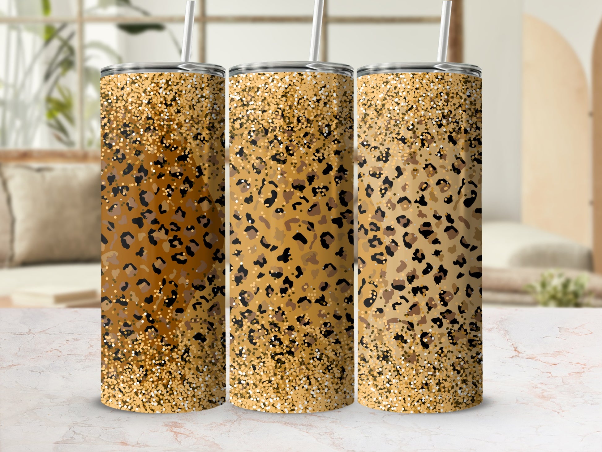 Glittery Leopard Print Skinny Tumbler Trio for Beverages