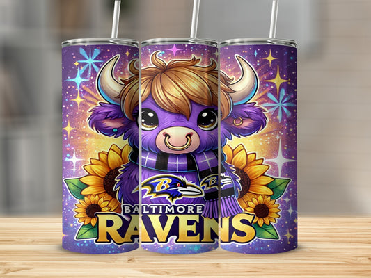 Purple cartoon bull wearing Baltimore Ravens scarf and sunflowers on tumbler.