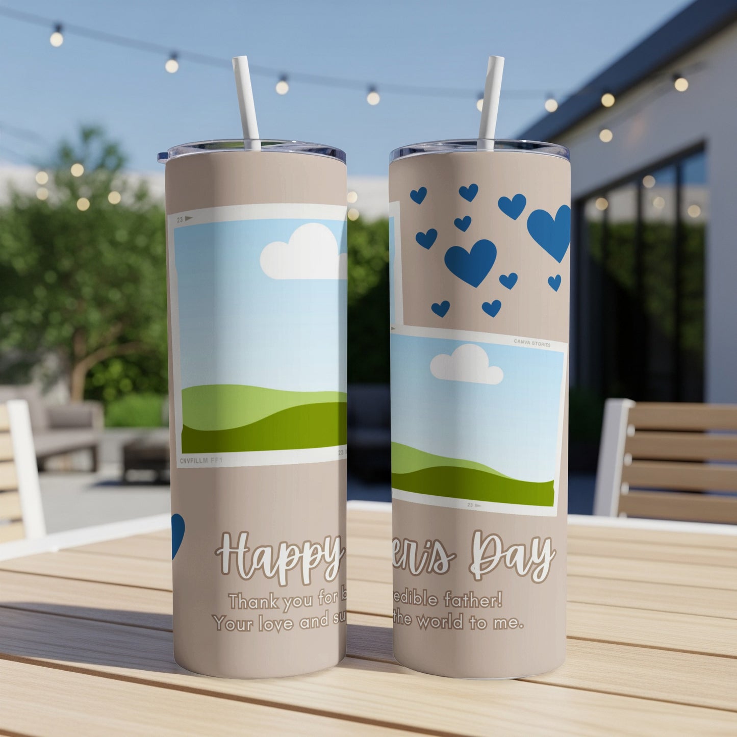 Two tumblers with "Happy Father's Day" text and heart designs.