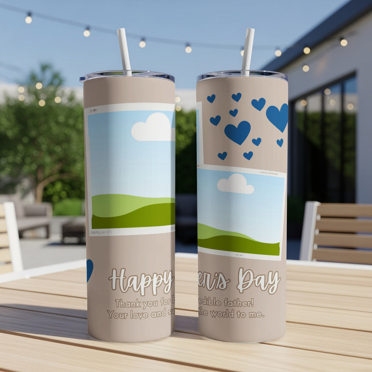 Two tumblers with "Happy Father's Day" text and heart designs.