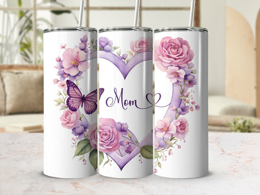 Purple heart with flowers and butterfly, saying "Mom".