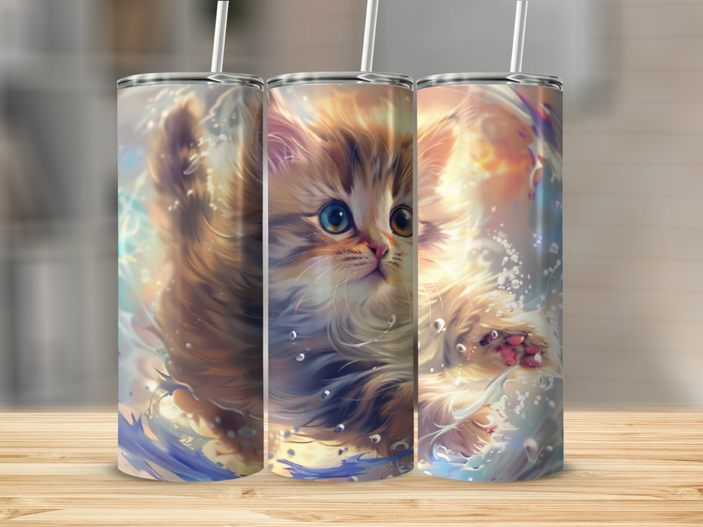 Three tumblers featuring a fluffy kitten in a bubbly, watery scene.