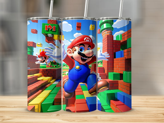 Mario character in a Super Mario Bros. game world on a tumbler.