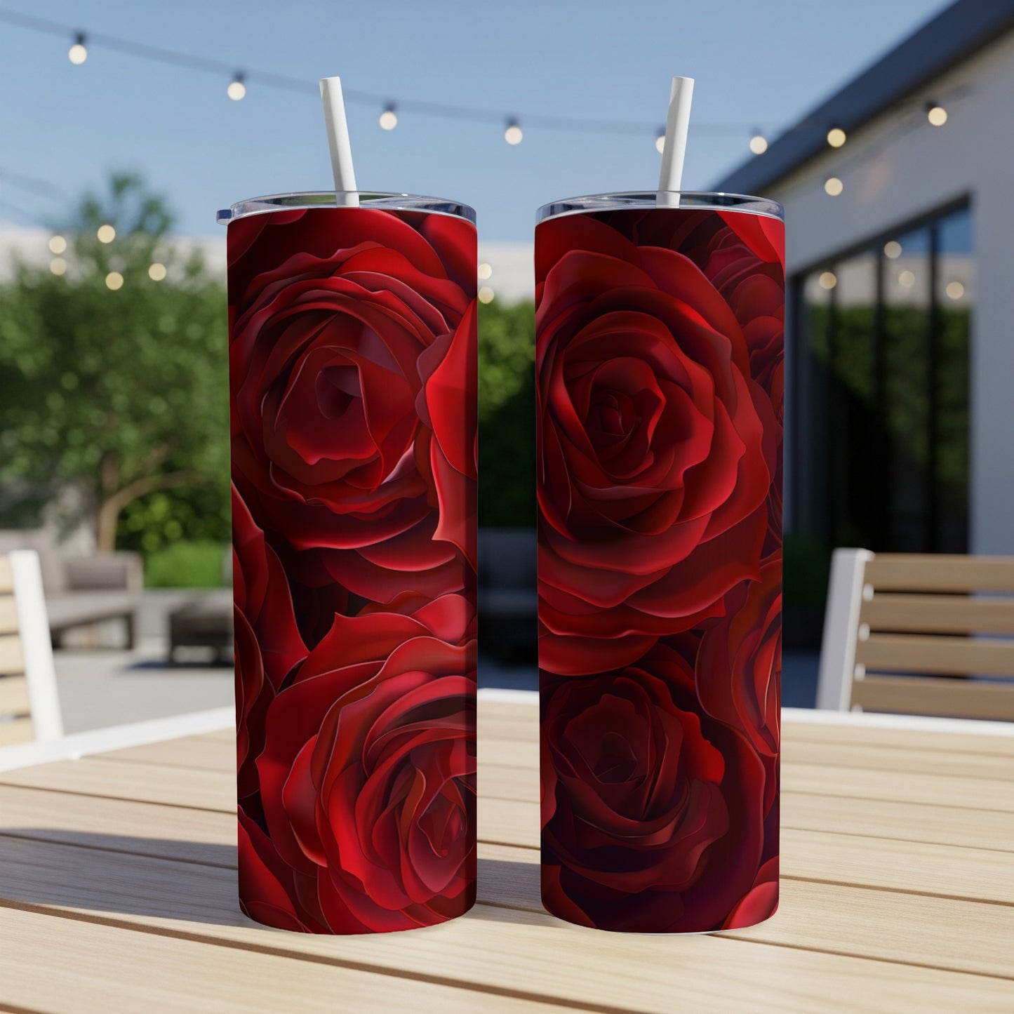 Two tall tumblers with a repeating pattern of deep red roses.
