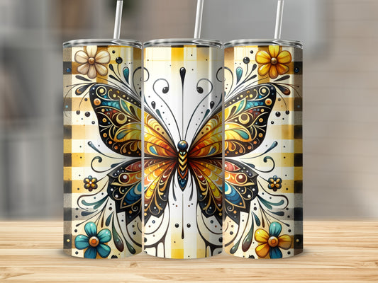 Three tumblers with a yellow plaid background and colorful butterfly and floral design.