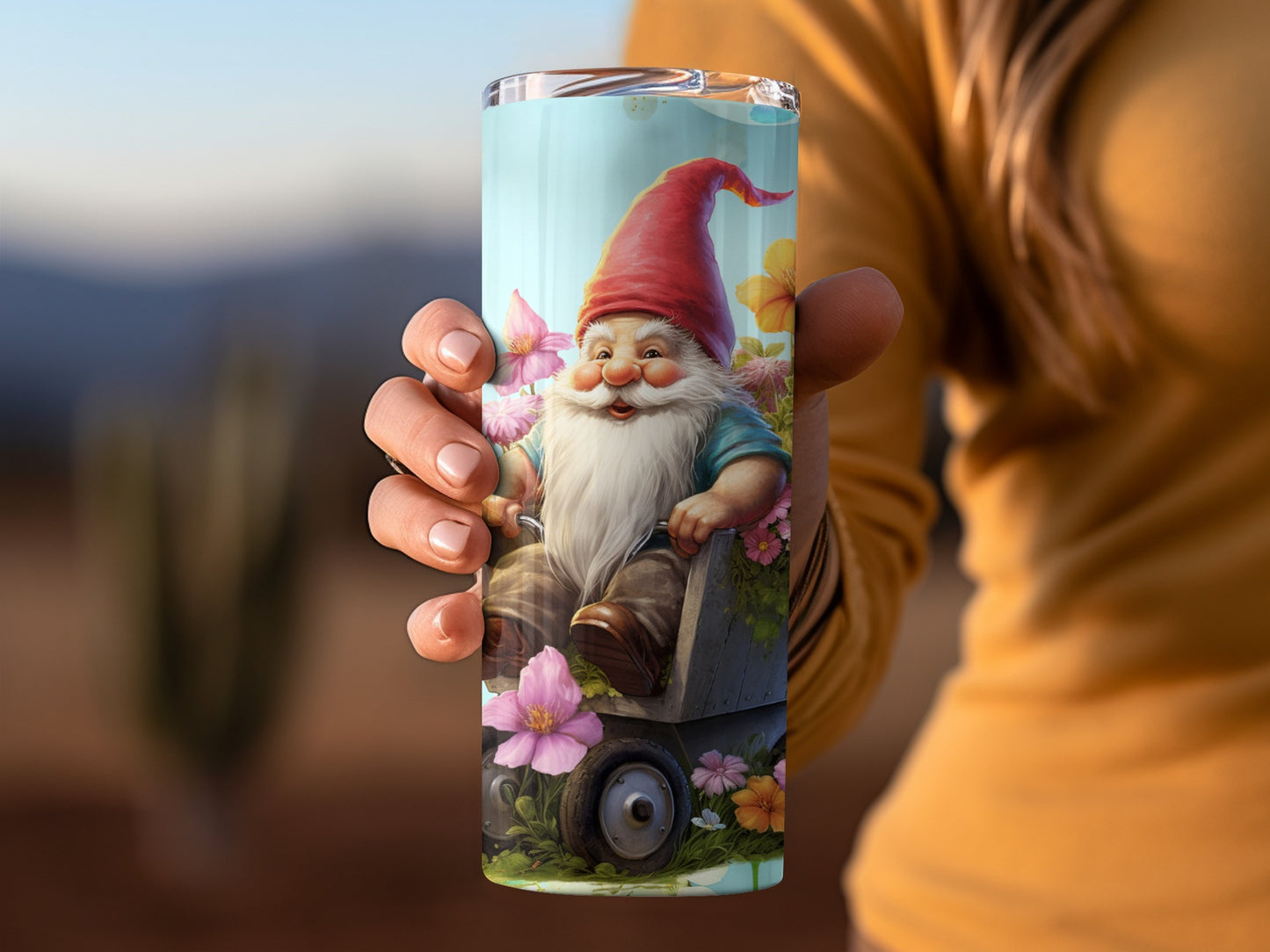Whimsical Garden Gnome Tumbler with Flowers Design