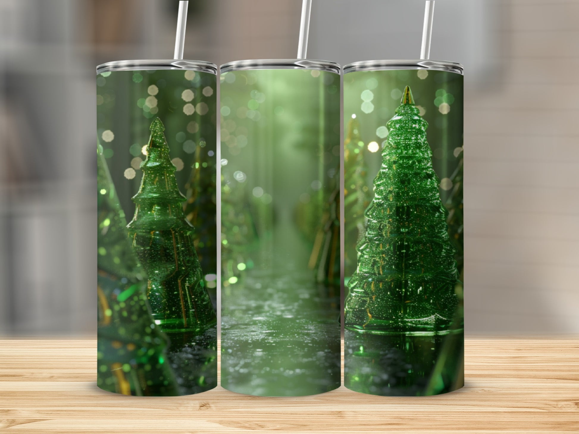 Three green, sparkly Christmas trees in a bokeh-filled, misty forest.