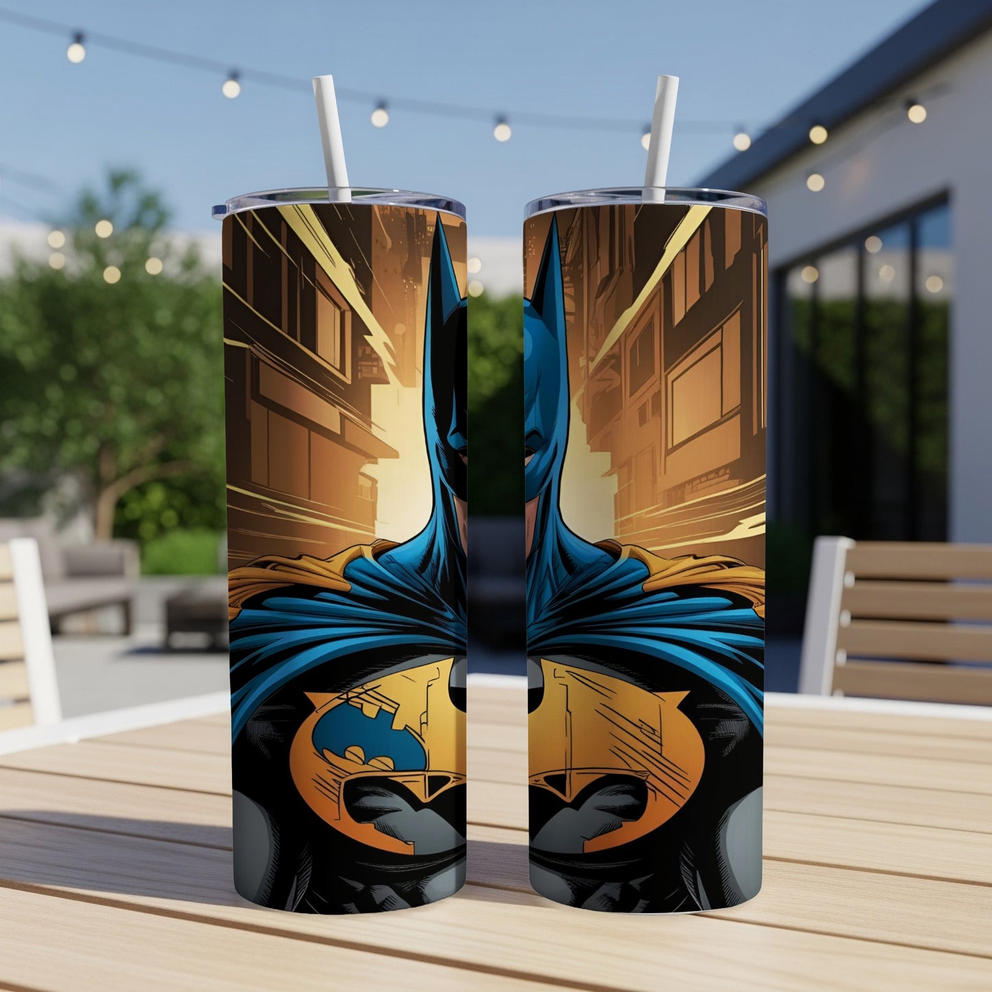 Two Batman tumblers featuring the superhero's iconic chest symbol.