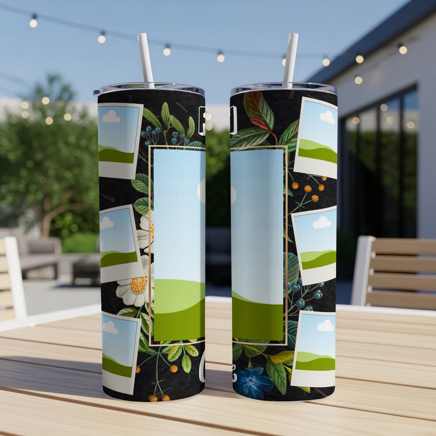 Two tumblers with a floral pattern and space for photos on a wooden table.