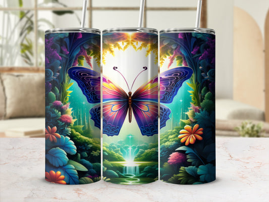 Butterfly and floral art wraps a cylindrical tumbler with a straw.
