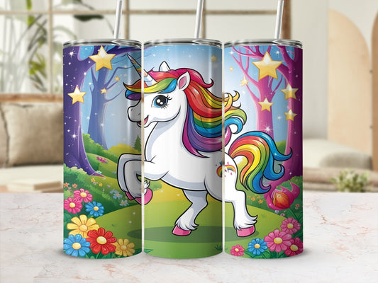 Three tumblers with a cartoon unicorn in a colorful forest setting.