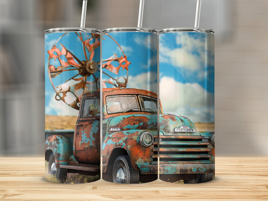 Rusty vintage truck with windmill, three views on a wooden surface.