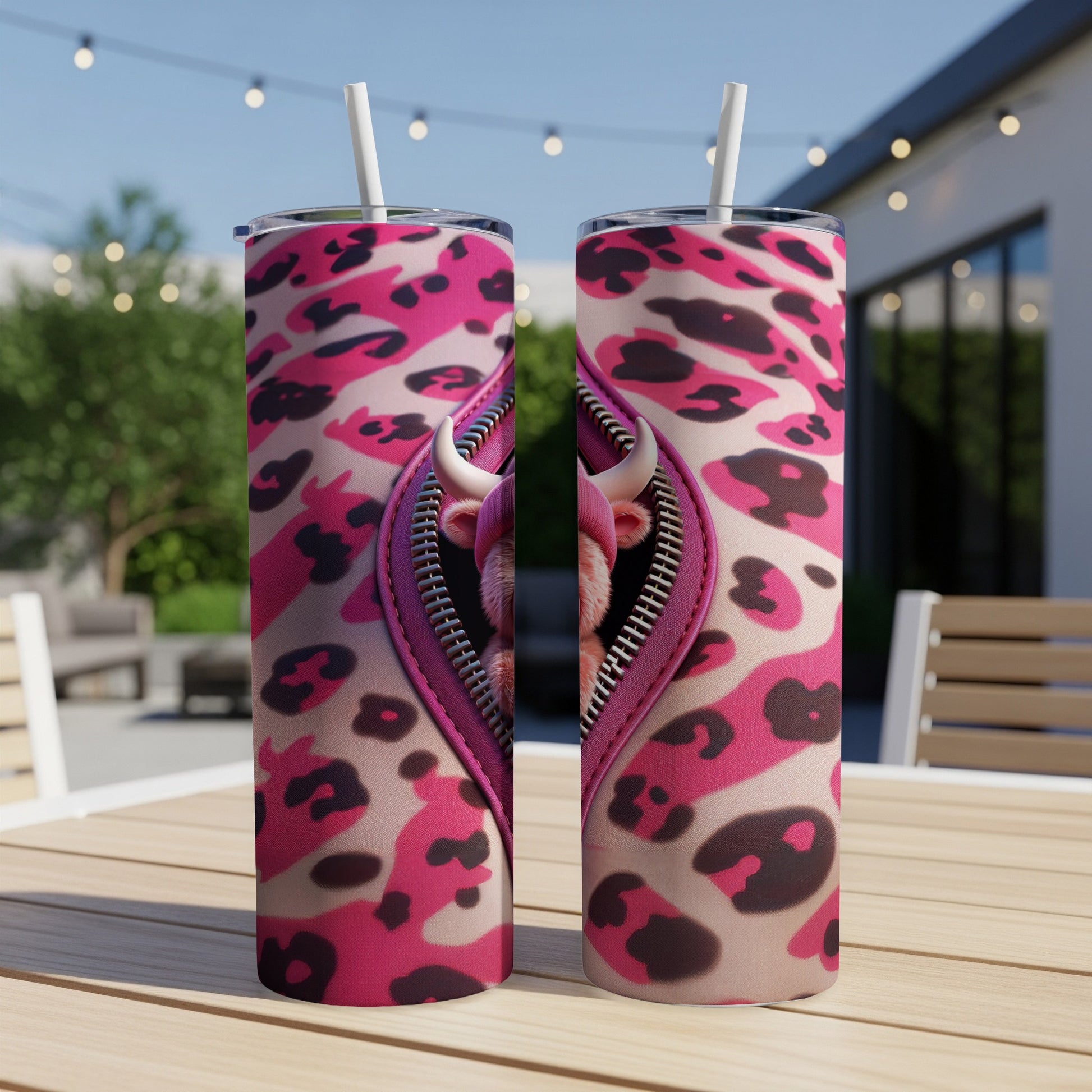 Pink leopard print tumbler with a cow face peeking through a zipper.