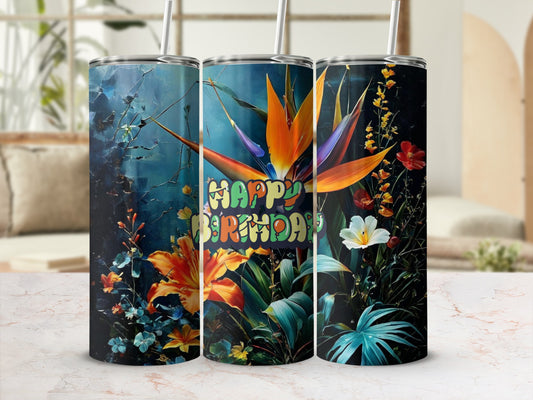 Tumbler with vibrant tropical flowers and "Happy Birthday" text.