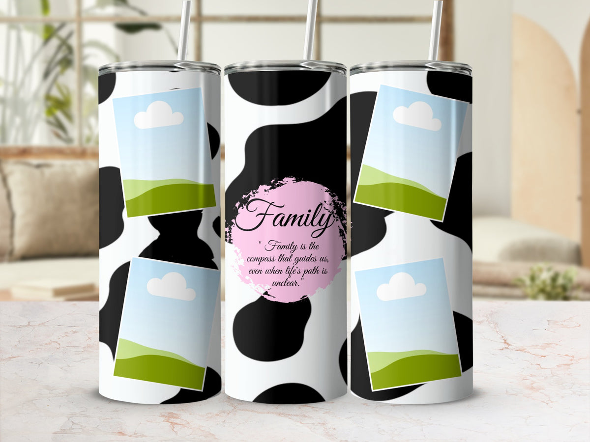 Cow print tumbler with frame placeholders and "Family" quote.