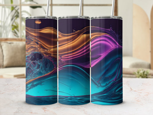 Three tumblers with abstract swirling purple, orange, and teal liquid designs.