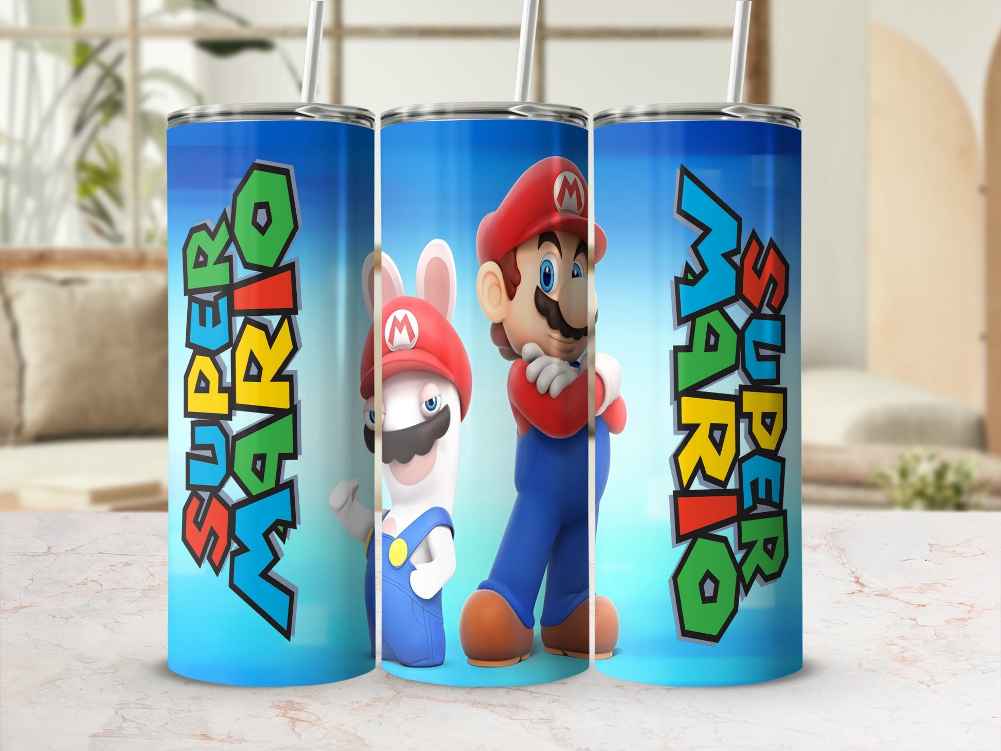 Super Mario and Rabbid characters on a blue gradient tumbler with white straws.