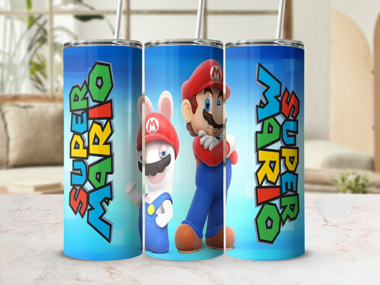 Super Mario and Rabbid characters on a blue gradient tumbler with white straws.