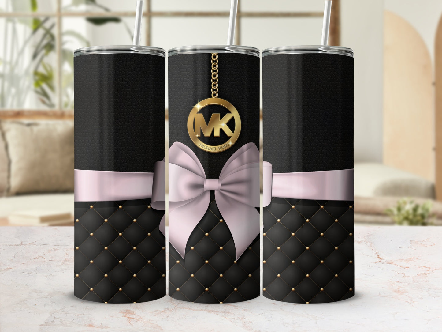 Elegant Black Gold Quilted Tumbler with Pink Bow Design