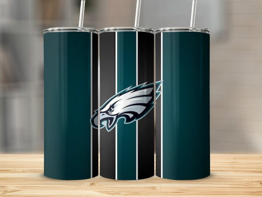 Philadelphia Eagles logo on a striped teal and black tumbler with straw.