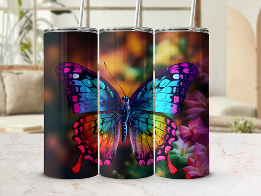 Three tumblers featuring a vibrant butterfly design with colorful wings.